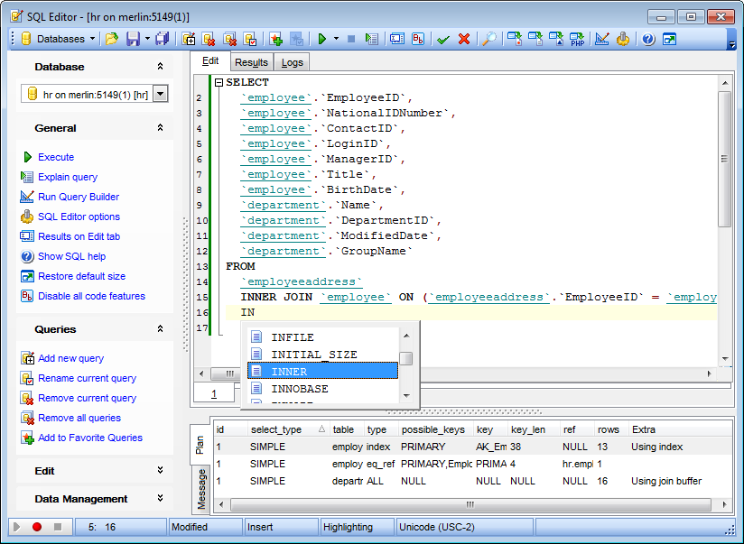 SQL Editor - Working with SQL Editor area