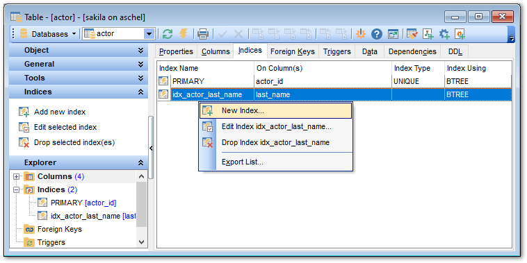 Table Editor - Managing indexes