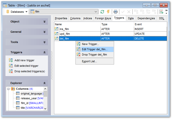 Table Editor - Managing triggers