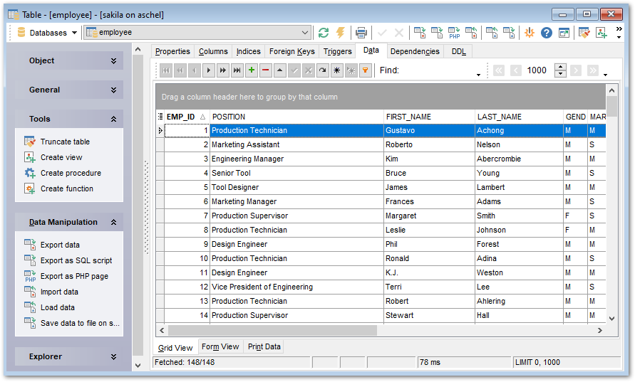 Table Editor - Viewing table data