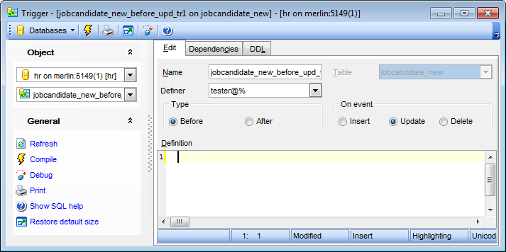 Trigger Editor - Editing trigger definition