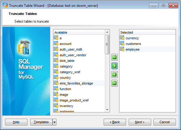 Truncate Tables Wizard - Selecting tables