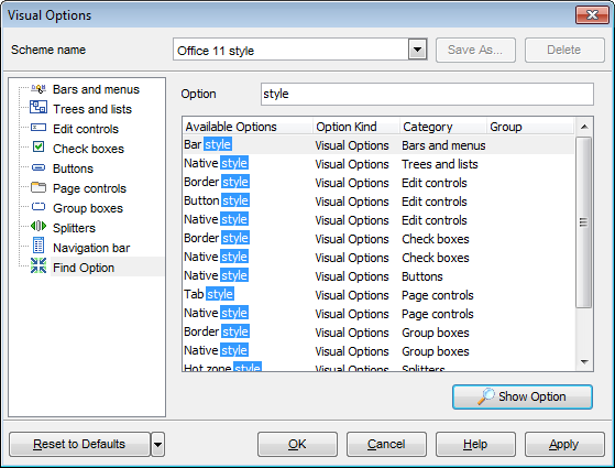 Visual Options - Find Option