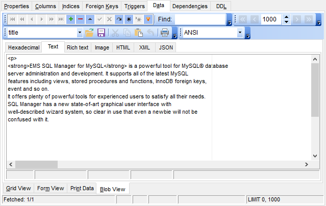 Data View - BLOB View - Text
