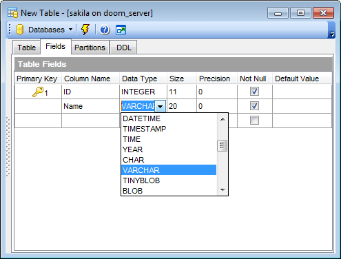 New Table - Specifying fields