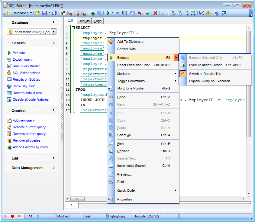 SQL Editor - Using the context menu