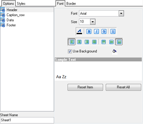 Format-specific options - MS Excel 2007 and ODS - Options