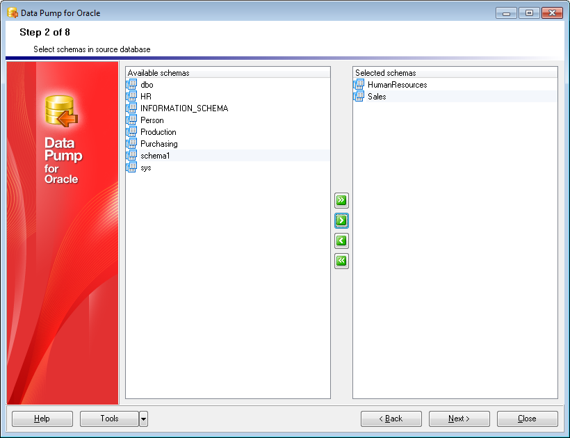 Step 2 - Selecting source schemas