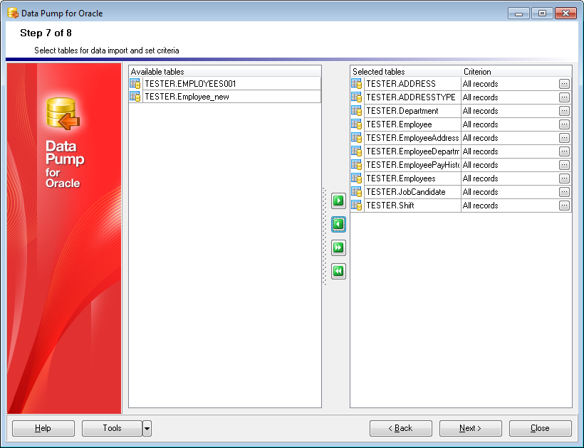 Step 7 - Selecting tables for data import