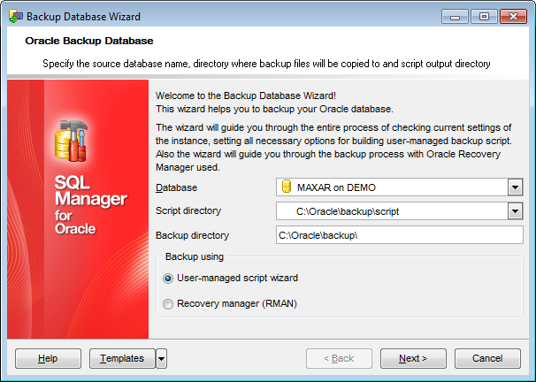 Backup Database - Setting DB name and backup mode