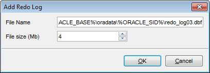 Create Database Wizard - Data storage settings - Add redo log