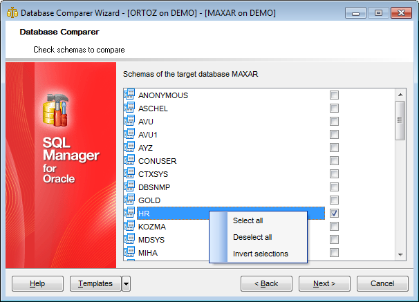 Database Comparer Wizard - Select terget schemas