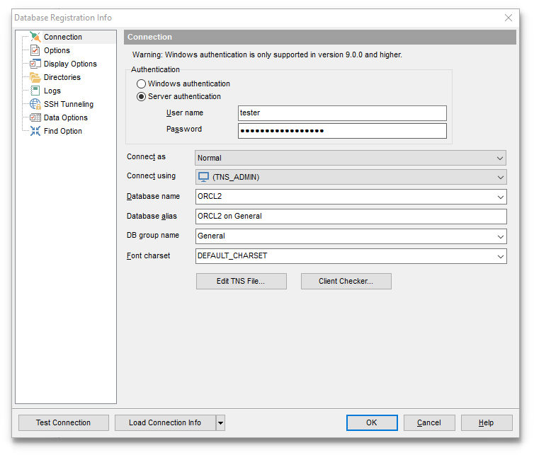 Database Registration Info - Editing connection properties