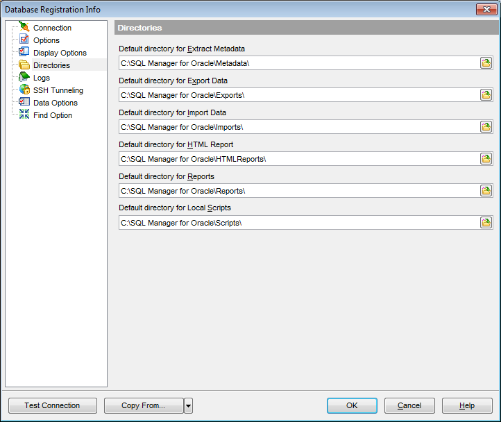 Database Registration Info - Setting default directories