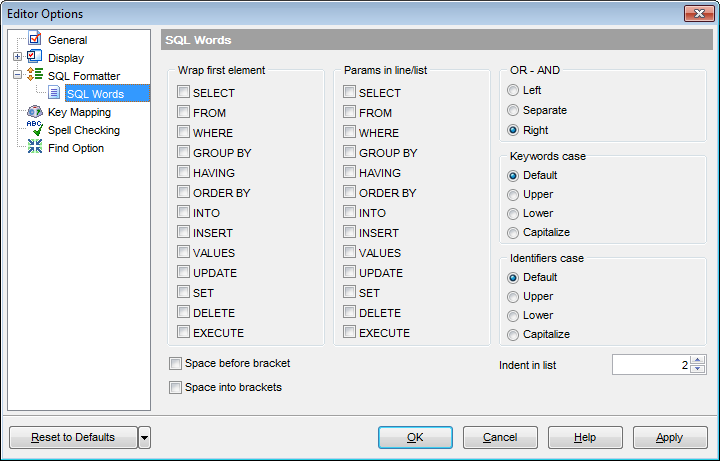 Editor Options - SQL Formatter - SQL Words