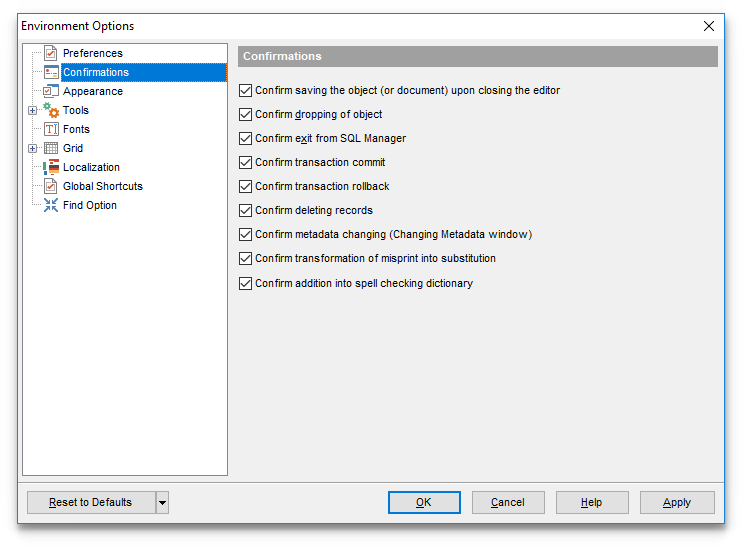 Environment Options - Confirmations