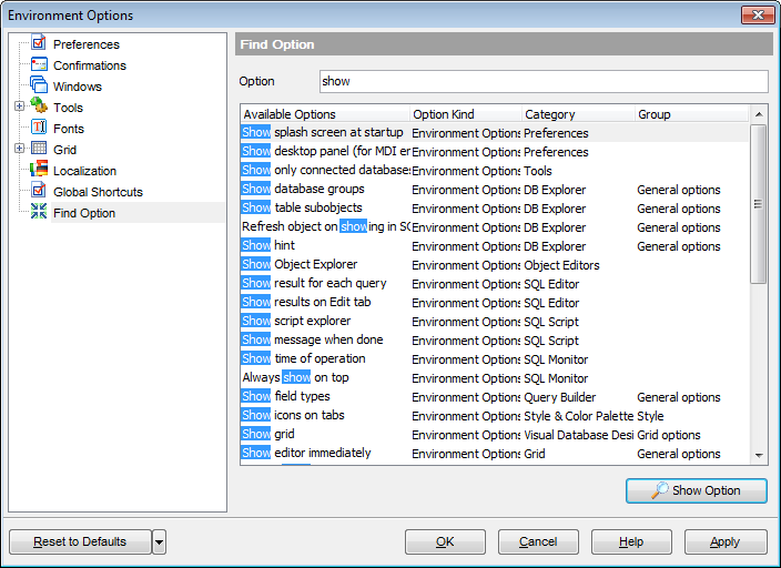 Environment Options - Find Option