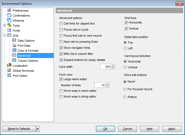 Environment Options - Grid - Advanced
