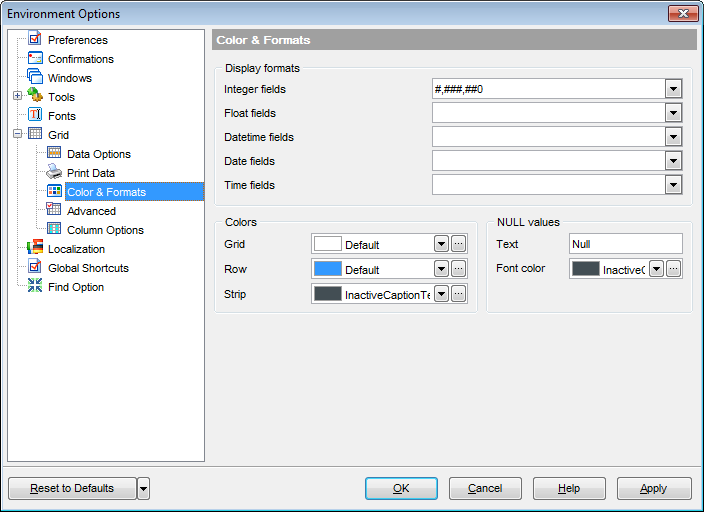 Environment Options - Grid - Color & Formats