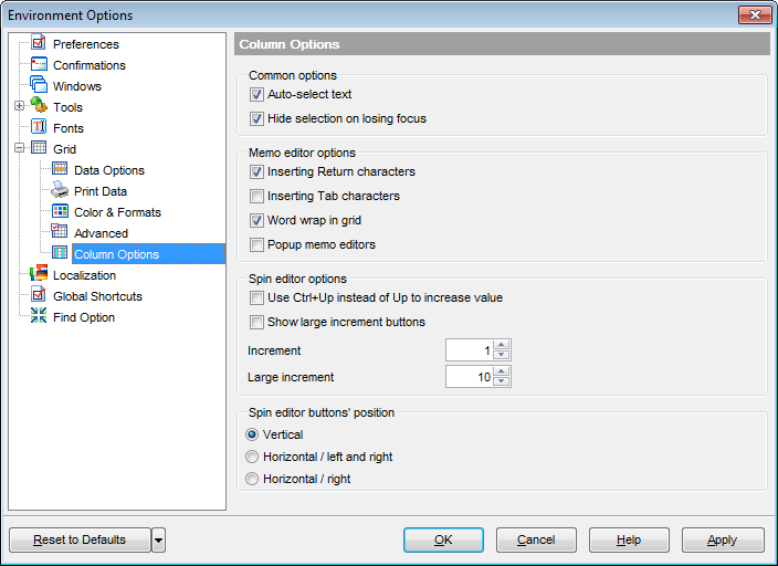 Environment Options - Grid - Column Options