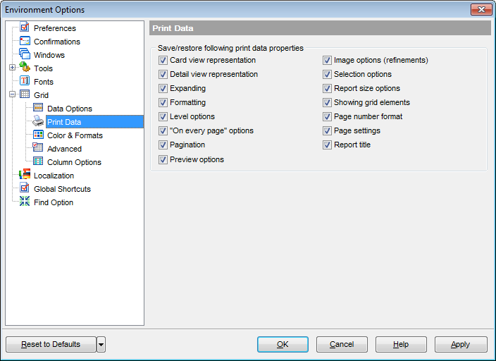 Environment Options - Grid - Print Data