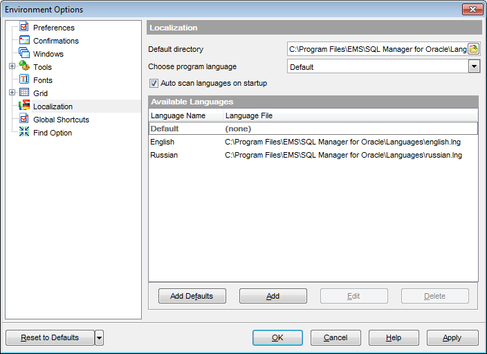 Environment Options - Localization