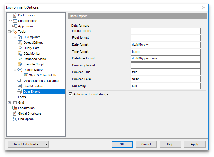 Environment Options - Tools - Data Export