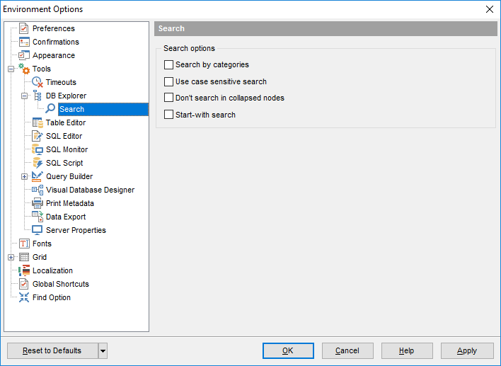 Environment Options - Tools - DB Explorer - Search