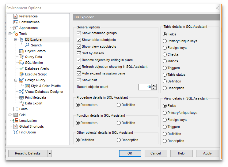 Environment Options - Tools - DB Explorer