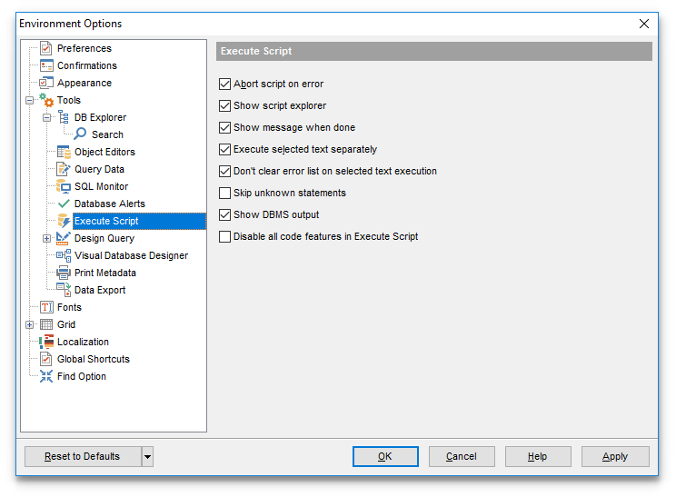 Environment Options - Tools - SQL Script