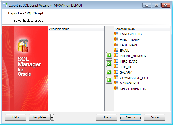 Export as SQL Script - Selecting fields to export