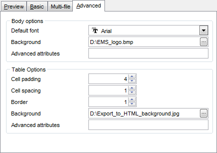 Export Data - Format-specific options - HTML - Advanced