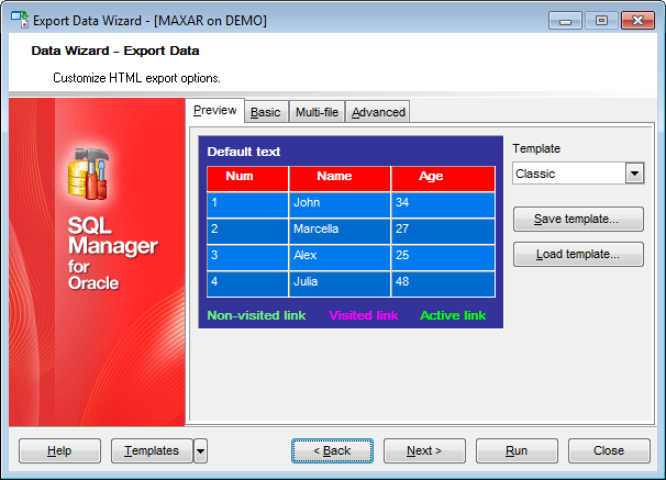 Export Data - Format-specific options - HTML