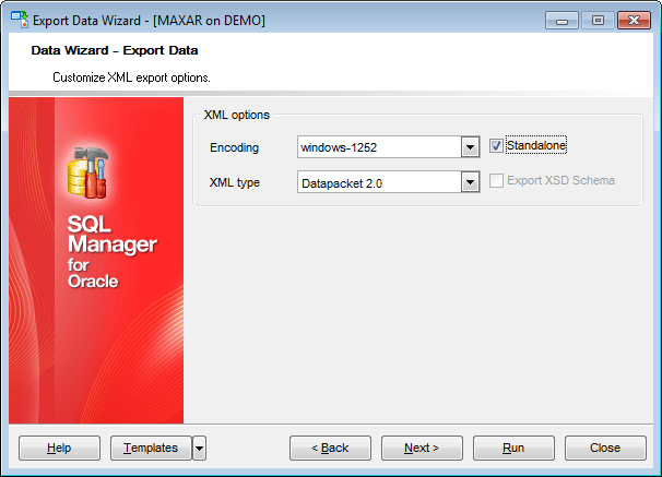 Export Data - Format-specific options - XML