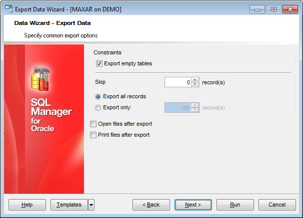 Export Data - Setting common export options