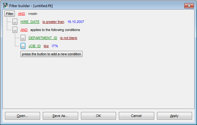 Filter Builder dialog - Applying filter conditions