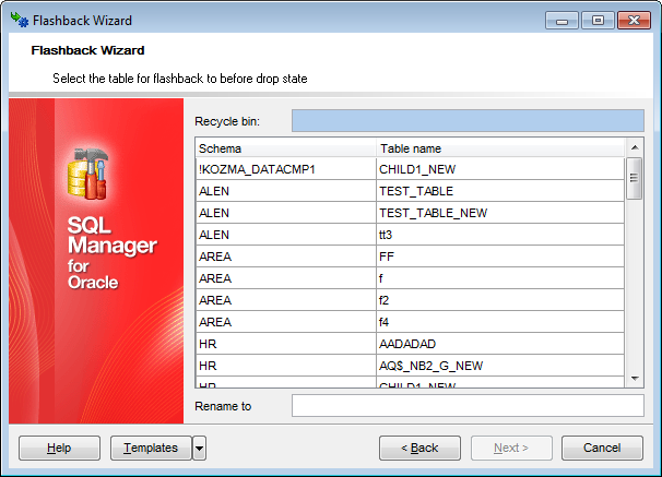 Flashback Wizard - Selecting the dropped table to flashback