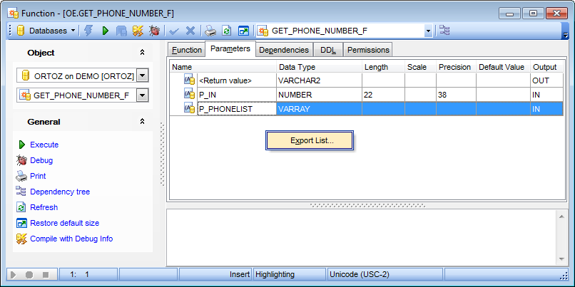 Function Editor - Browsing function parameters