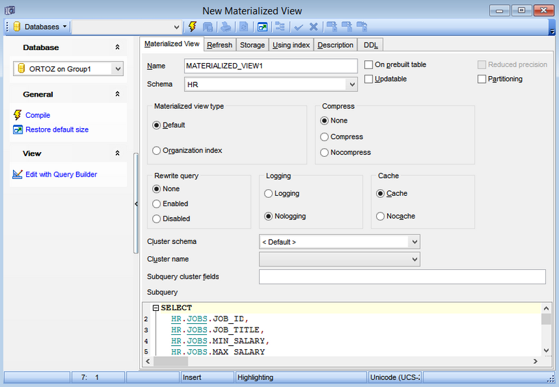 Materialized View Editor - Editing Materialized View definition