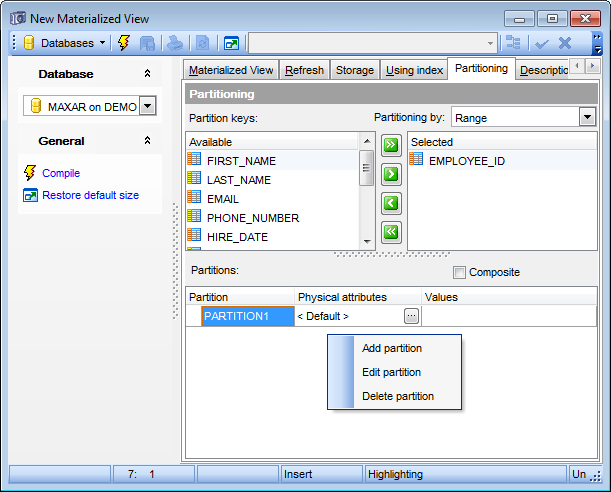 Materialized View Editor - Partitioning