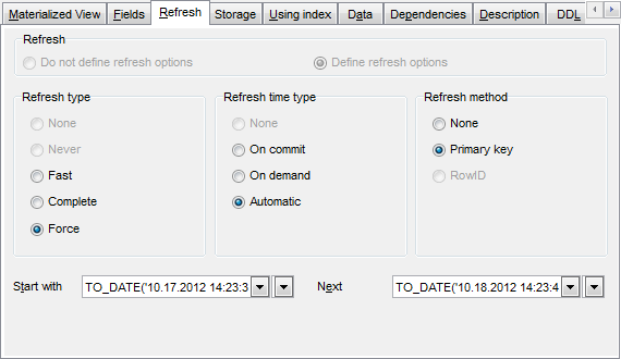 Materialized View Editor - Setting Refresh parameters