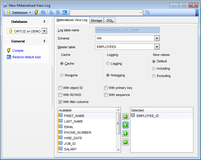 Materialized View Log Editor - Editing Materialized View Log definition