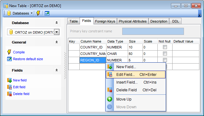 New table - Specifying fields