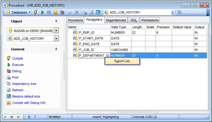 Procedure Editor - Browsing procedure parameters