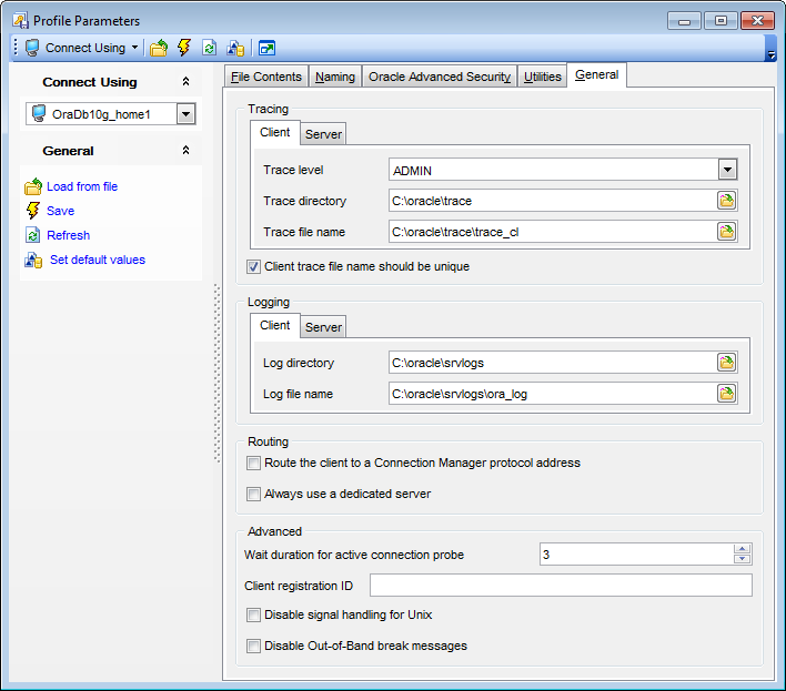 Profile parameters - General options