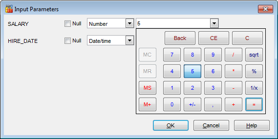 Query parameters - Input parameters dialog