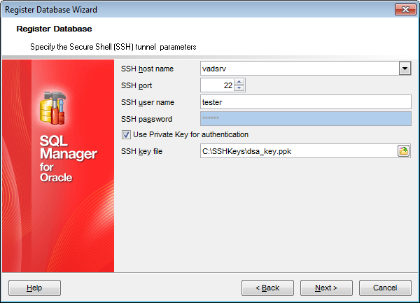 Register Database wizard - Setting connection parameters - SSH