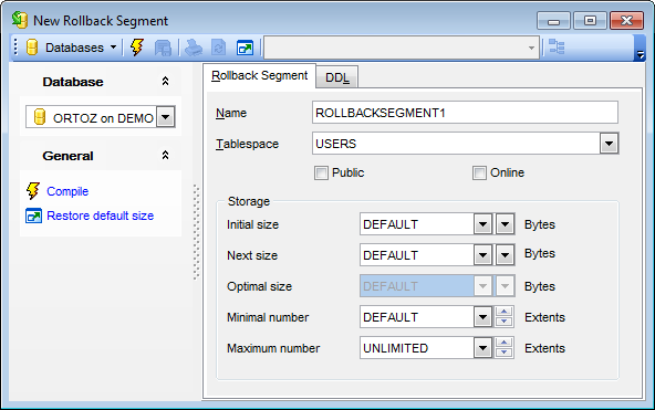 Rollback Segment Editor - Editing Rollback Segment definition