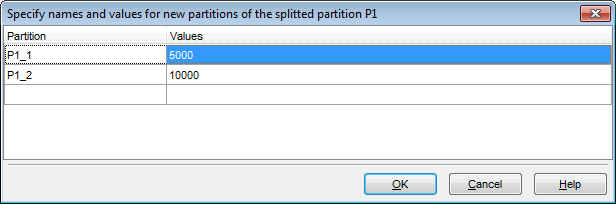 Table Editor - Managing partitions - Splitting partitions