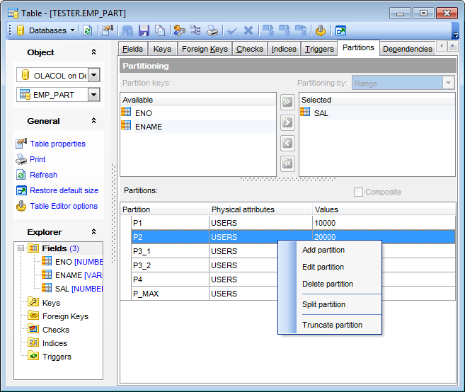 Table Editor - Managing partitions